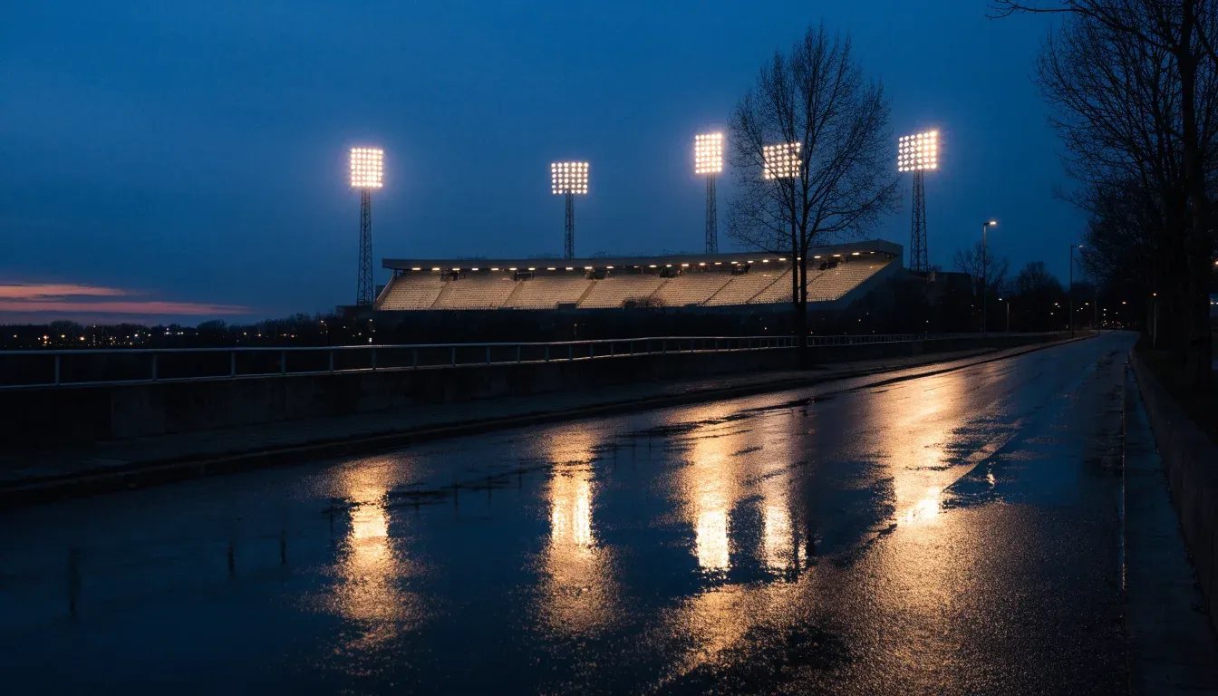 Ein Stadion unter Flutlicht aus großer Entfernung gesehen, davor eine regennasse Straße in der Dämmerung.