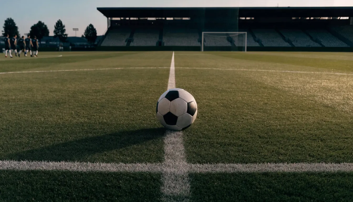 Ein Fußball liegt auf dem Anstoßpunkt eines leeren Rasenplatzes, im Hintergrund eine menschenleere Tribüne im weichen Abendlicht.