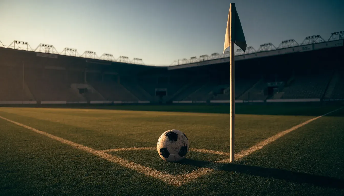 Ein Fußball liegt auf dem Rasen neben der Eckfahne eines leeren Platzes, dahinter eine Tribüne im Abendlicht.