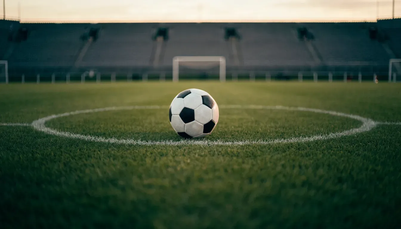 Ein Fußball liegt auf dem Anstoßpunkt eines leeren Rasenplatzes, im Hintergrund eine menschenleere Tribüne in weichem Licht.