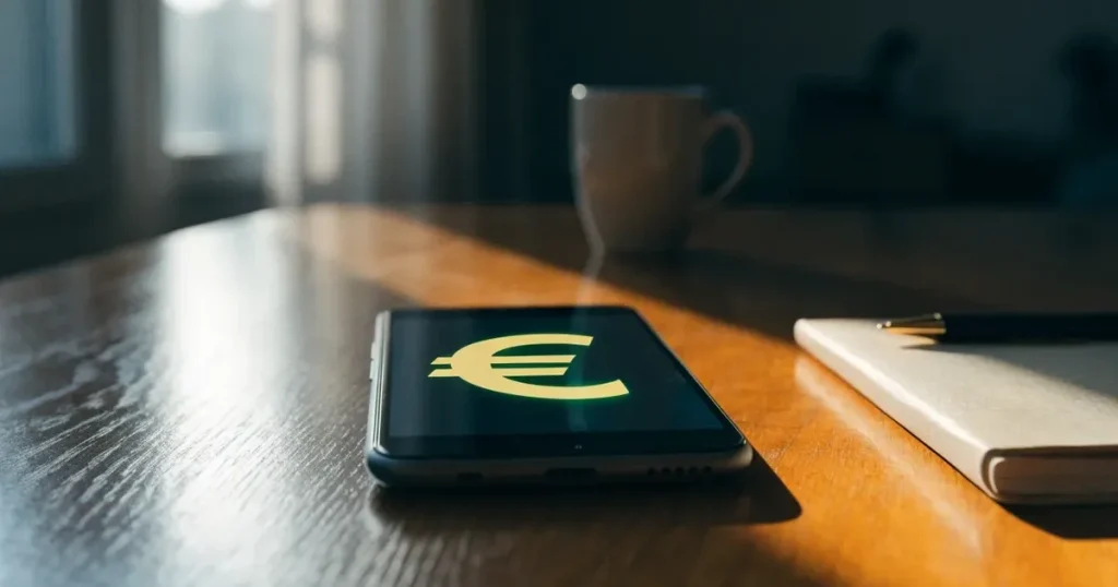 Ein Smartphone mit dunklem Display liegt auf einem Holztisch neben einem Notizbuch, durch das Fenster fällt klares Morgenlicht.