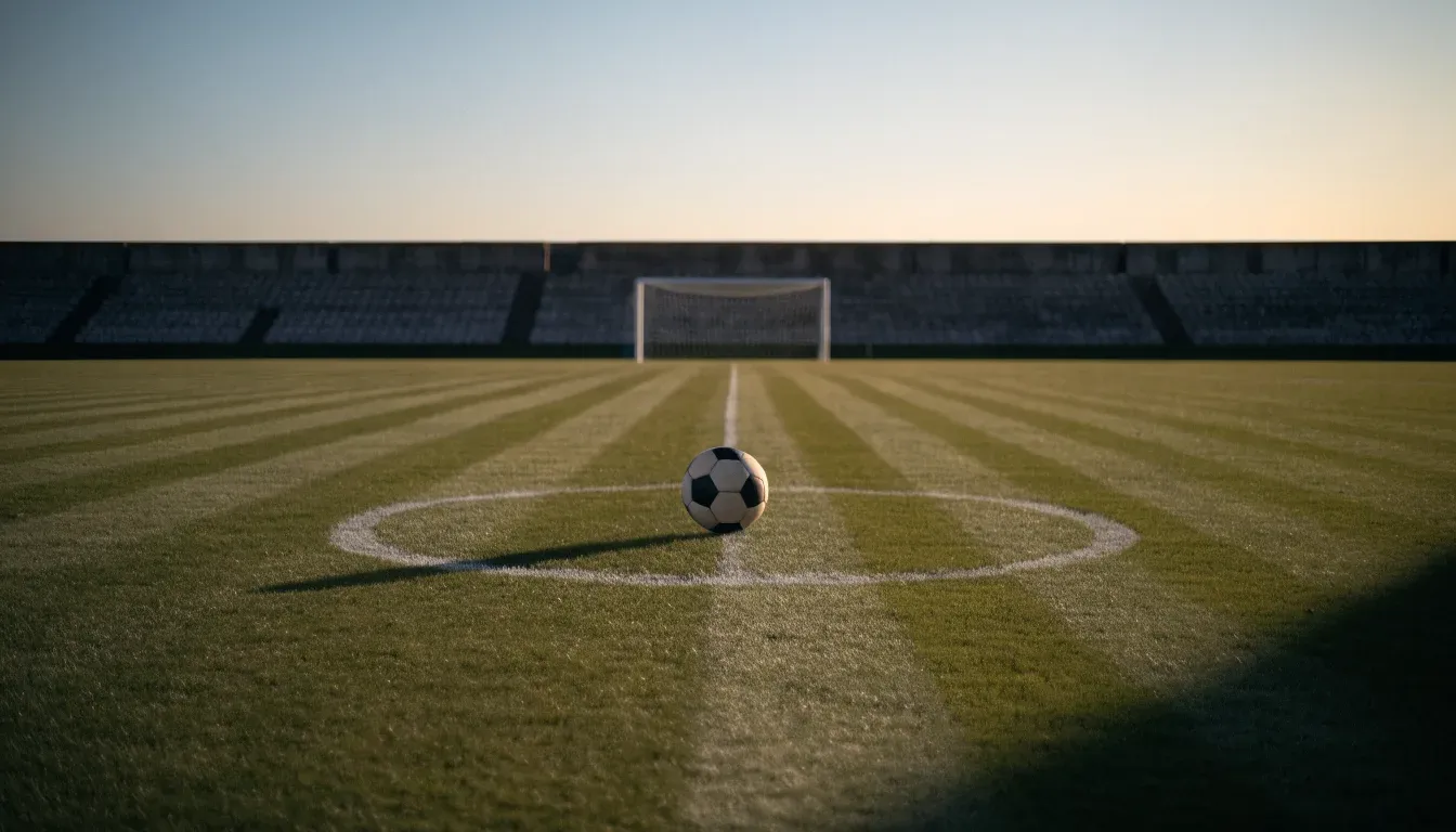 Ein Fußball liegt auf dem Anstoßpunkt eines leeren Rasenplatzes, dahinter eine menschenleere Tribüne im weichen Abendlicht.