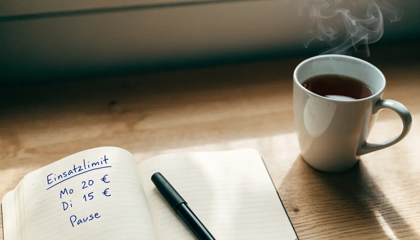 Ein aufgeschlagenes Notizbuch mit handgeschriebenen Notizen und ein Kugelschreiber liegen auf einem Schreibtisch neben einer Tasse Tee.