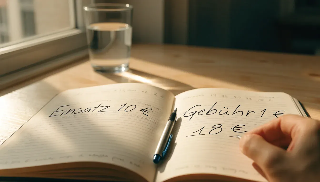 Ein Notizbuch mit handschriftlichen Rechnungen und ein Taschenrechner auf einem Schreibtisch, im Fenster fällt Morgenlicht.