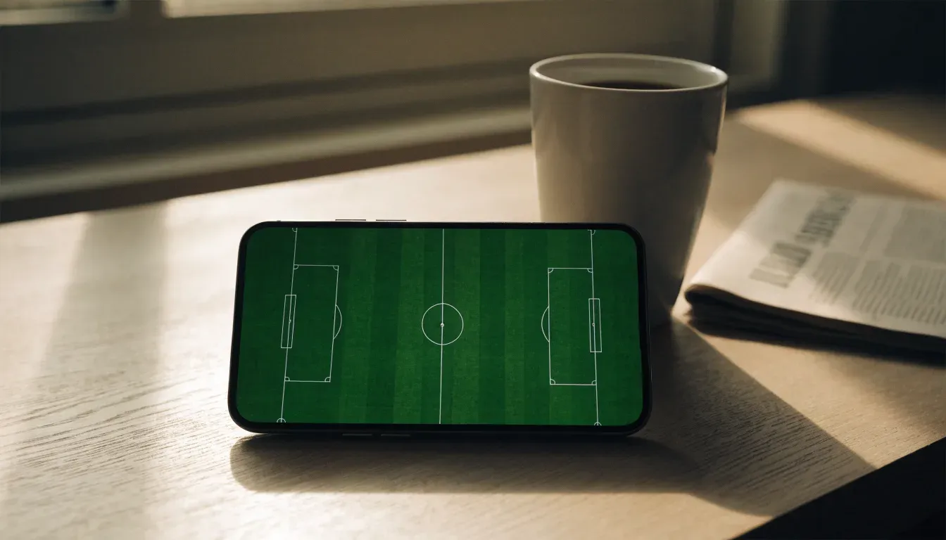 Ein Smartphone mit dunklem Display liegt auf einem Holztisch neben einer Tasse Kaffee, am Fenster fällt Abendlicht.