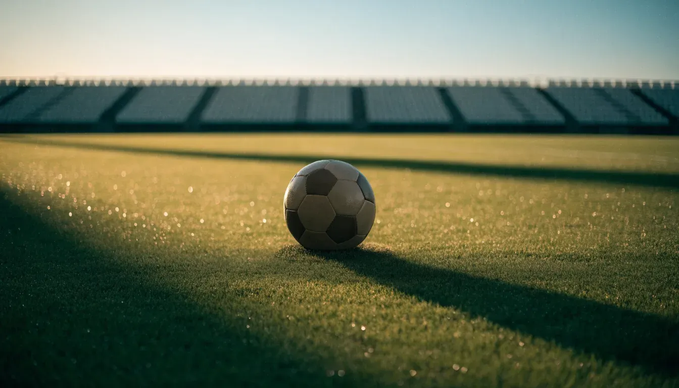 Ein Fußball liegt auf dem Anstoßpunkt eines leeren Rasenplatzes, dahinter eine leere Tribüne in weichem Licht.