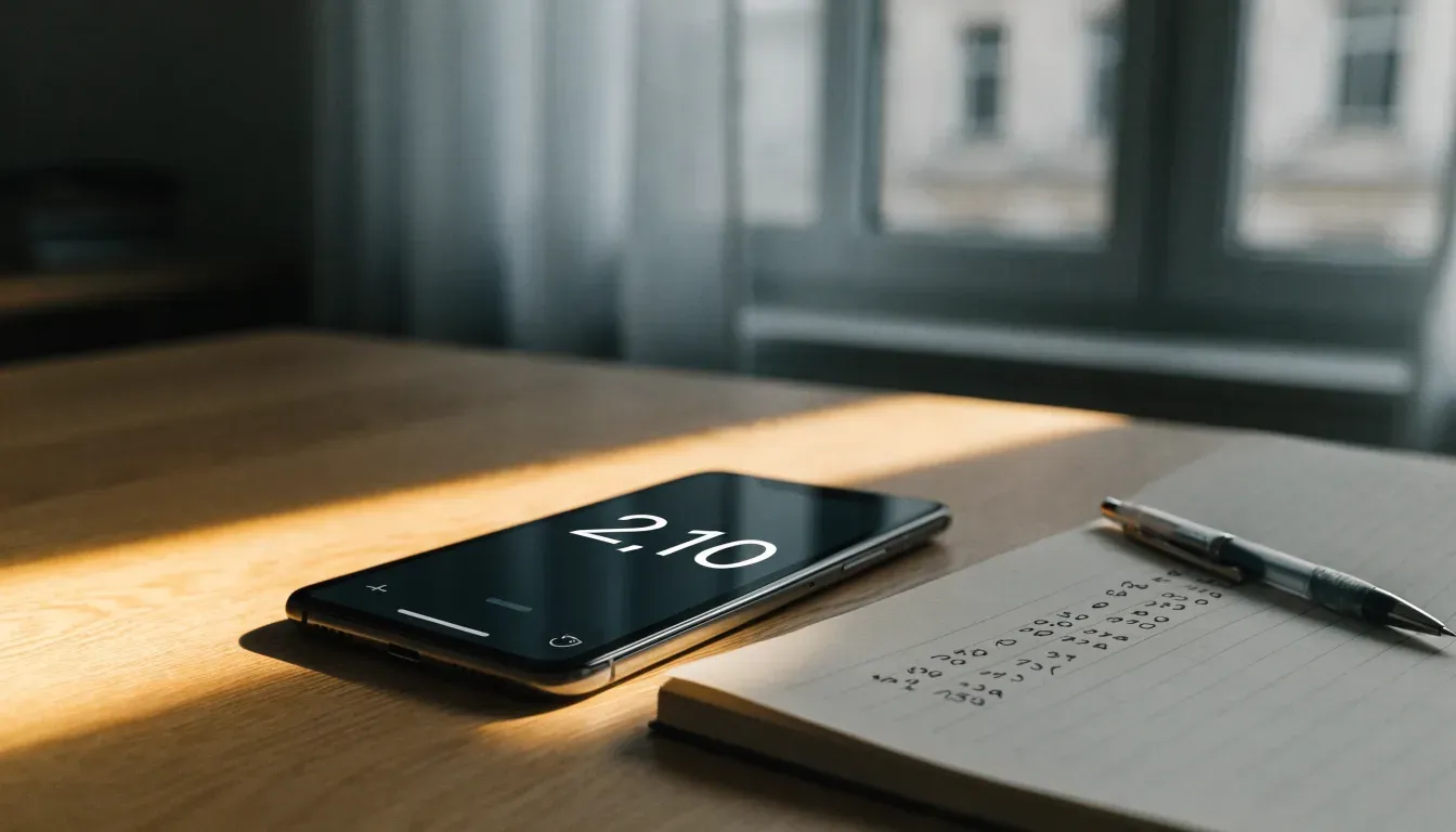 Ein Smartphone mit dunklem Display liegt auf einem Holztisch neben einem Notizbuch, durch das Fenster fällt Abendlicht.