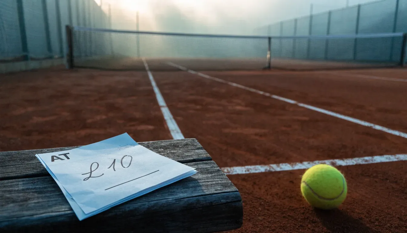 Ein Tennisplatz im Morgengrauen mit Netz und Linien, über dem Sandboden liegt leichter Nebel und niemand ist zu sehen.
