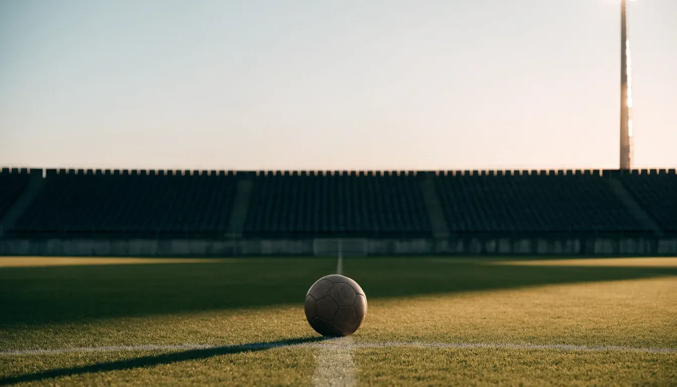 Ein Fußball liegt auf dem Anstoßpunkt eines leeren Rasenplatzes, im Hintergrund eine menschenleere Tribüne im weichen Abendlicht.