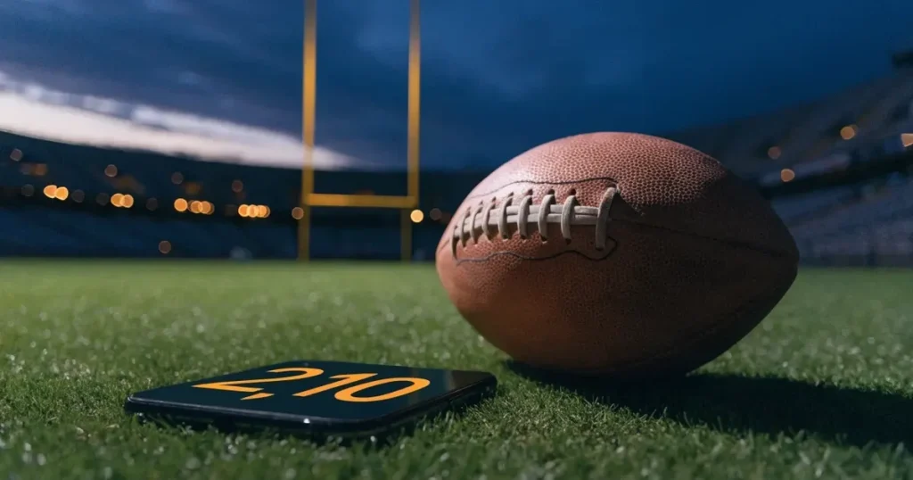 Ein ovaler Football liegt auf dem Rasen vor den gelben Torstangen eines leeren Stadions in der Abenddämmerung.