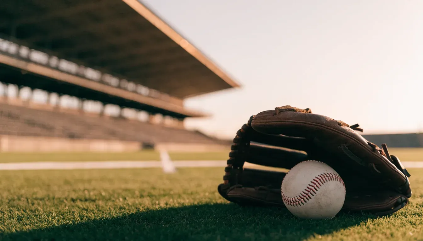 Ein Baseball liegt auf dem Rasen neben einem Lederhandschuh ohne Aufschrift, im Hintergrund eine leere Tribüne im Abendlicht.