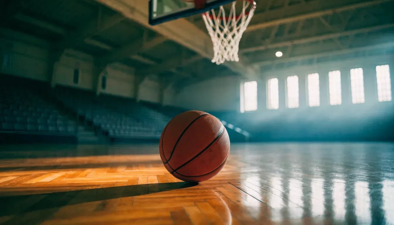 Ein orangefarbener Basketball liegt auf einem Hallenboden unter dem Netz eines Korbs, im Hintergrund unscharf leere Sitzreihen.