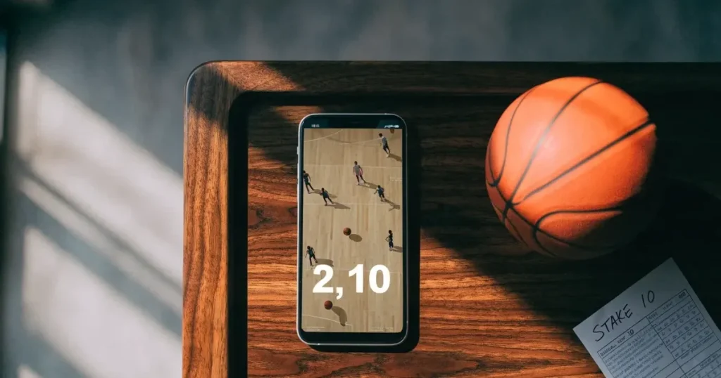 Ein leeres Basketballfeld in einer Halle mit glänzendem Parkett und einem Korb, durch hohe Fenster fällt Tageslicht.