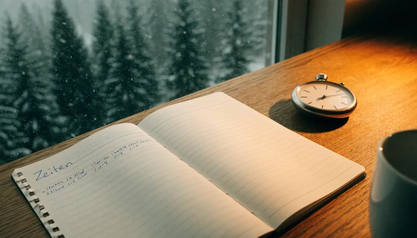 Ein Notizbuch mit handschriftlichen Zeiten liegt neben einer Stoppuhr auf einem Holztisch, draußen vor dem Fenster fällt Schnee.