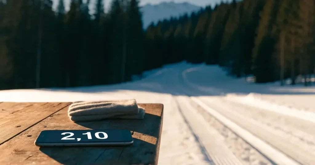 Eine verschneite Loipe im Morgenlicht mit gespurter Spur, im Hintergrund dunkler Nadelwald und eine Bergkette ohne Menschen.