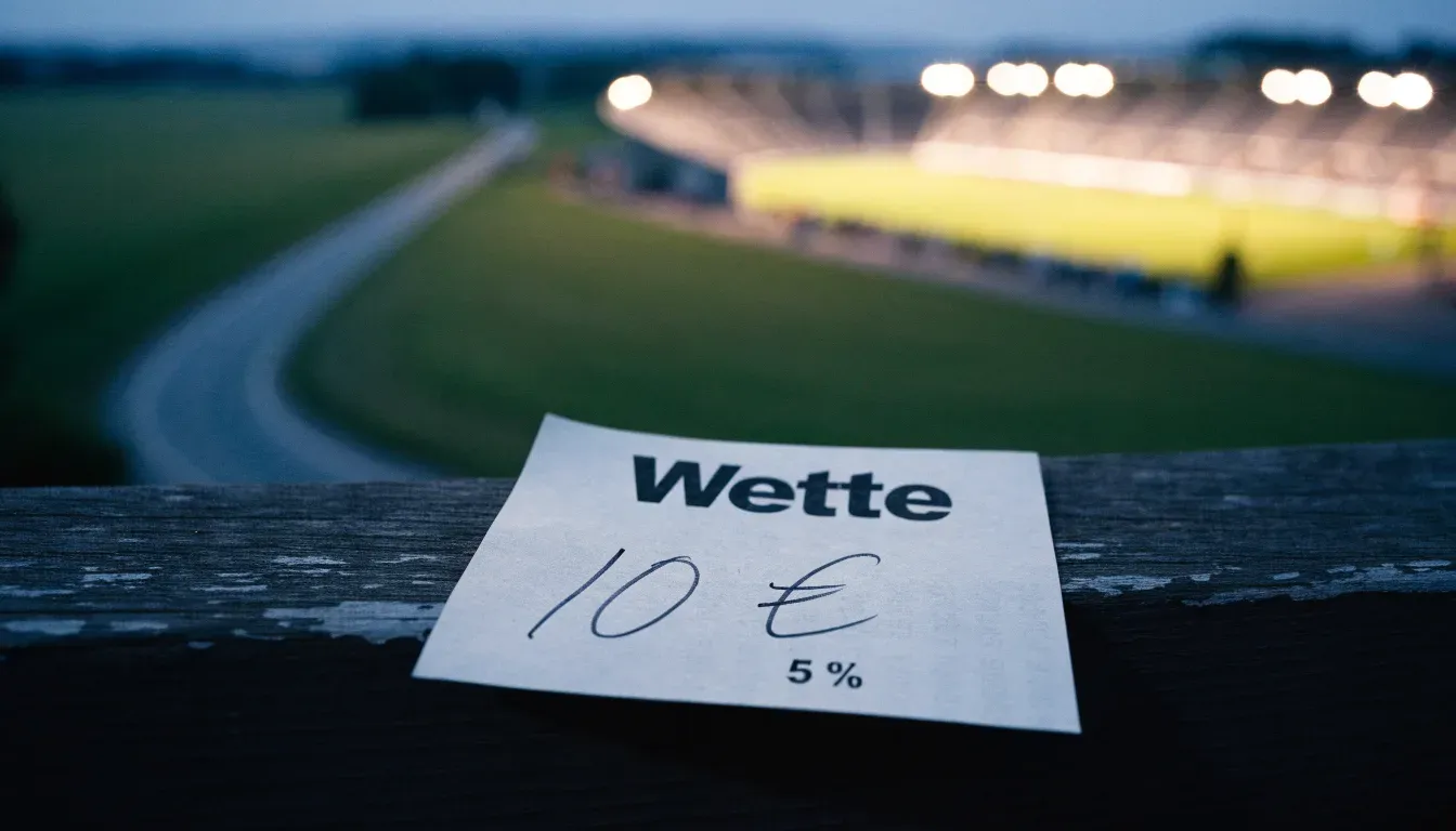 Ein Fußballstadion unter Flutlicht aus großer Entfernung gesehen, davor Felder und eine ruhige Straße in der Dämmerung.