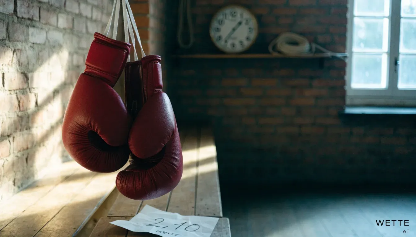 Ein Paar Boxhandschuhe hängt an einem Haken in einer leeren Trainingshalle, durch ein Fenster fällt Tageslicht auf den Boden.
