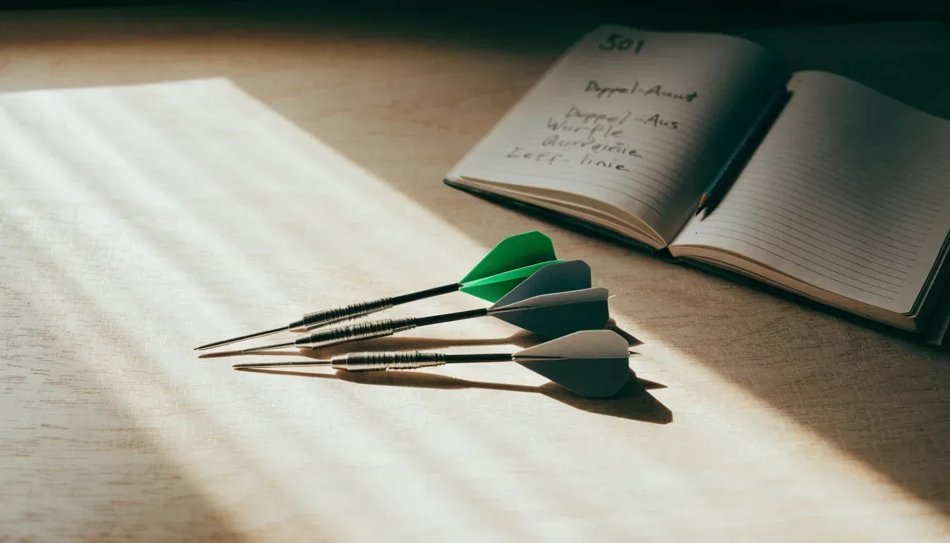 Wurfpfeile liegen auf einem Holztisch neben einem Notizbuch mit handschriftlichen Zeilen, Tageslicht fällt von links ein.