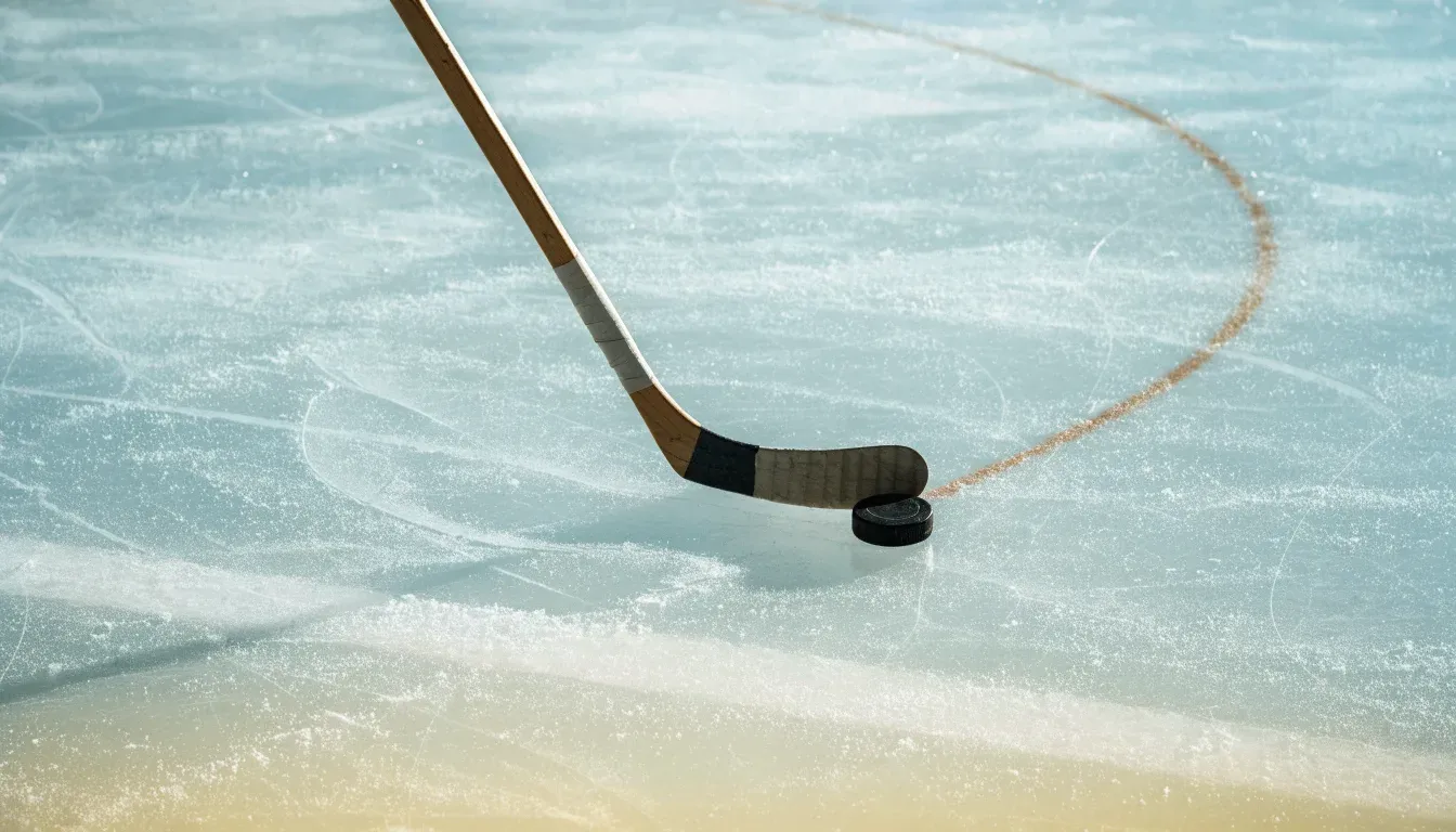 Ein Eishockeyschläger und ein schwarzer Puck liegen auf dem Eis, eine Kratzspur zieht sich durch das Bild.
