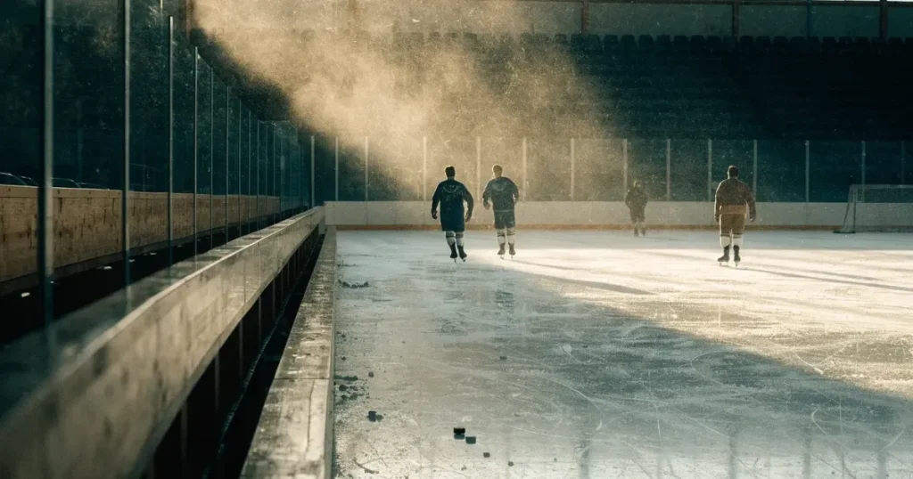 Eine zugefrorene Eisfläche am Rand eines Eishockeyfelds im Morgenlicht, Banden und leere Spielerbänke von der Seite fotografiert.