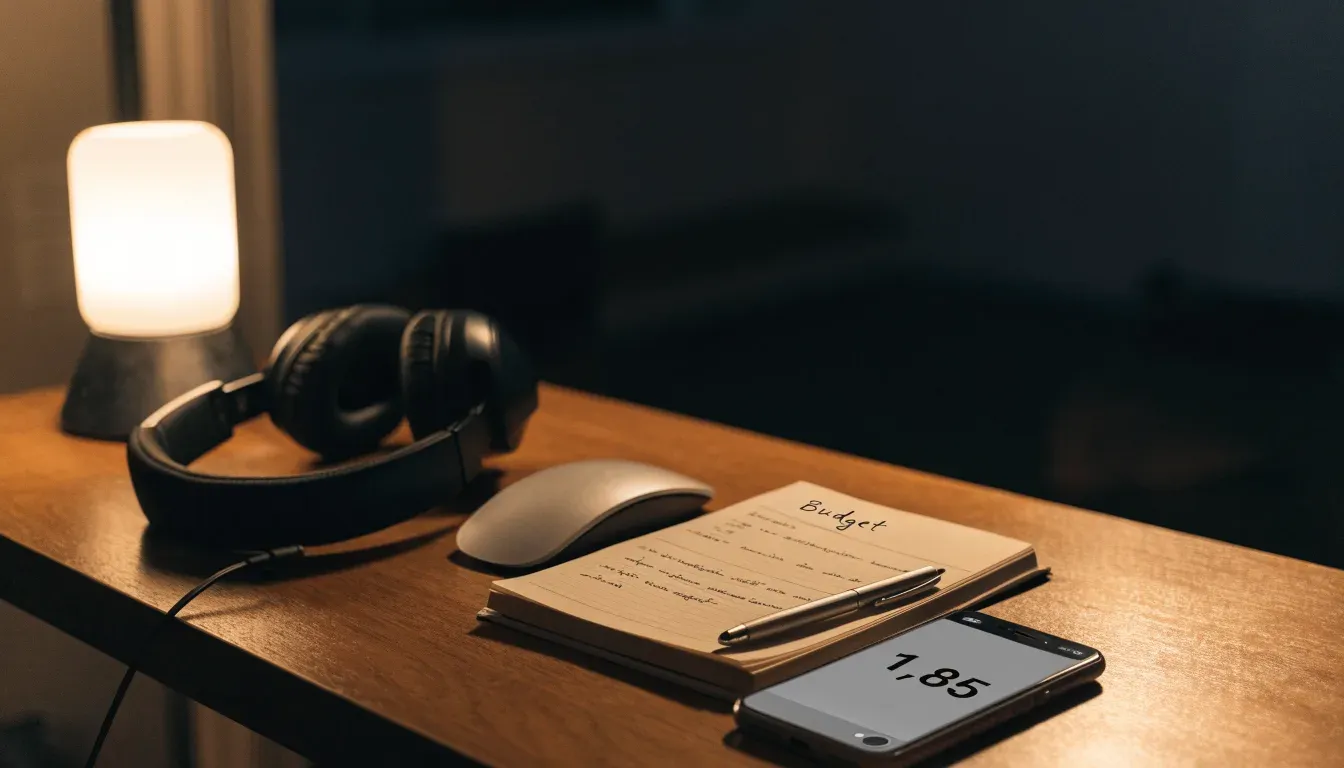 Ein Headset und eine Computermaus liegen auf einem Schreibtisch neben einem Notizbuch mit handschriftlichen Notizen, Lampenlicht am Abend.