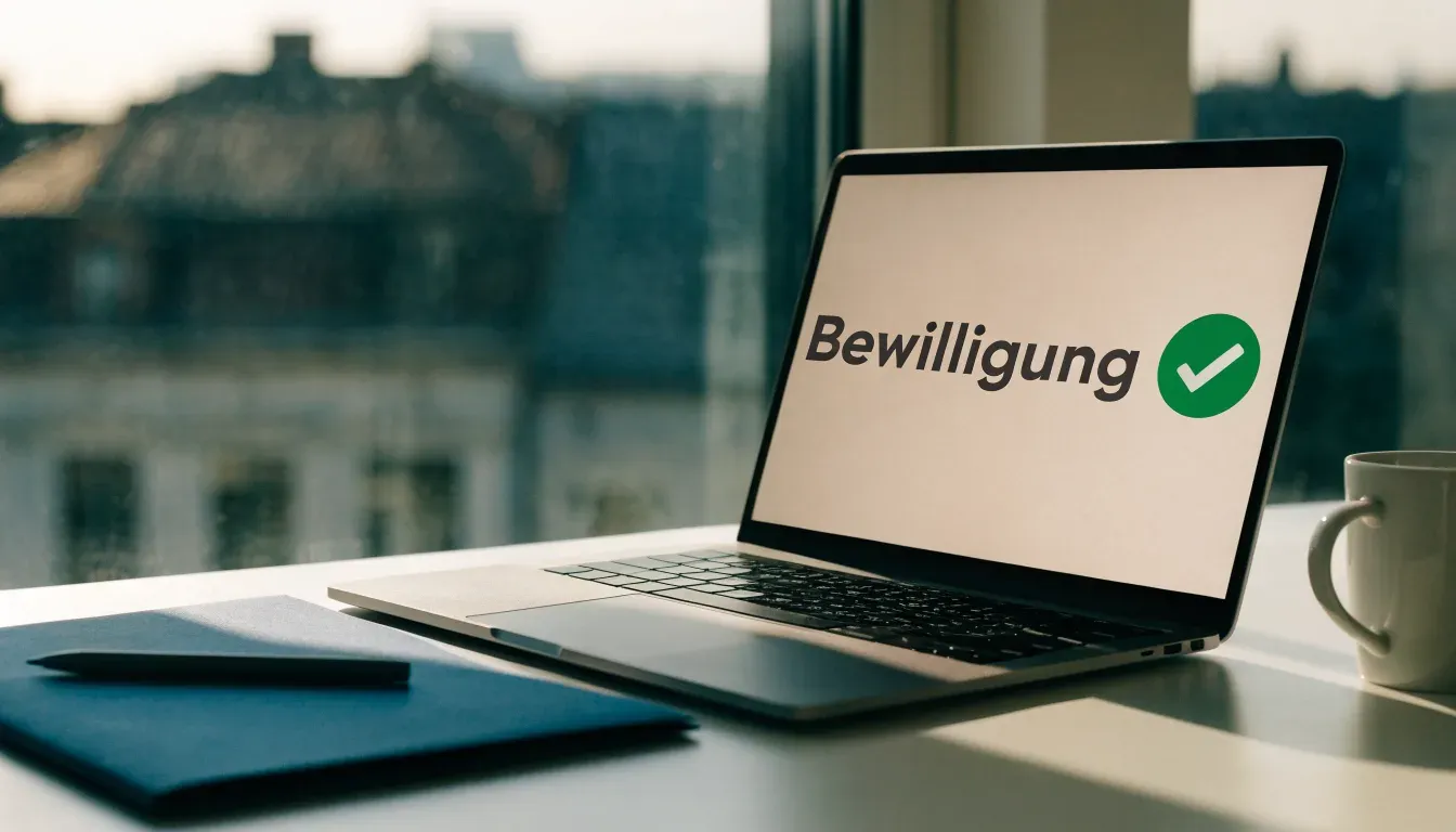 Ein leerer Schreibtisch mit geschlossenem Ordner und Kugelschreiber im Morgenlicht, daneben ein Fenster mit Blick auf Dächer.