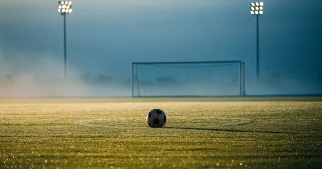 Ein Fußball liegt auf dem Anstoßpunkt eines leeren Rasenplatzes in der Morgendämmerung, Tau glitzert auf dem Gras.