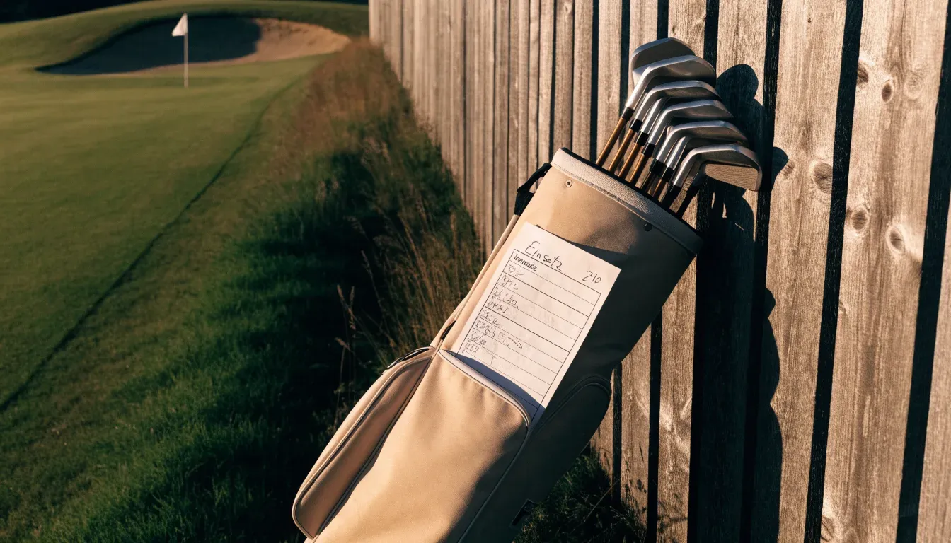 Ein Golfbag mit Schlägern lehnt an einem Holzzaun am Rand einer Spielbahn, tiefstehende Sonne von der Seite.