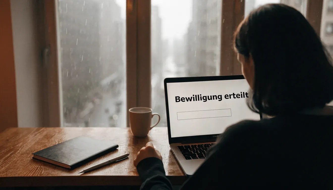 Ein Schreibtisch mit Füllfeder und geschlossenem Notizbuch vor einem Fenster an einem regnerischen Tag, ohne lesbaren Text.