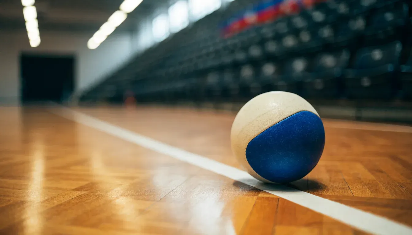 Ein Handball liegt auf dem Parkett einer Halle neben einer Spielfeldlinie, Licht fällt von oben ein.