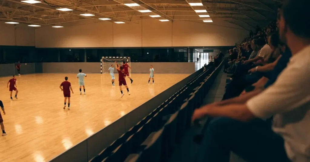Eine leere Handballhalle von der Tribüne aus gesehen, der Hallenboden glänzt, an beiden Enden stehen Tore.