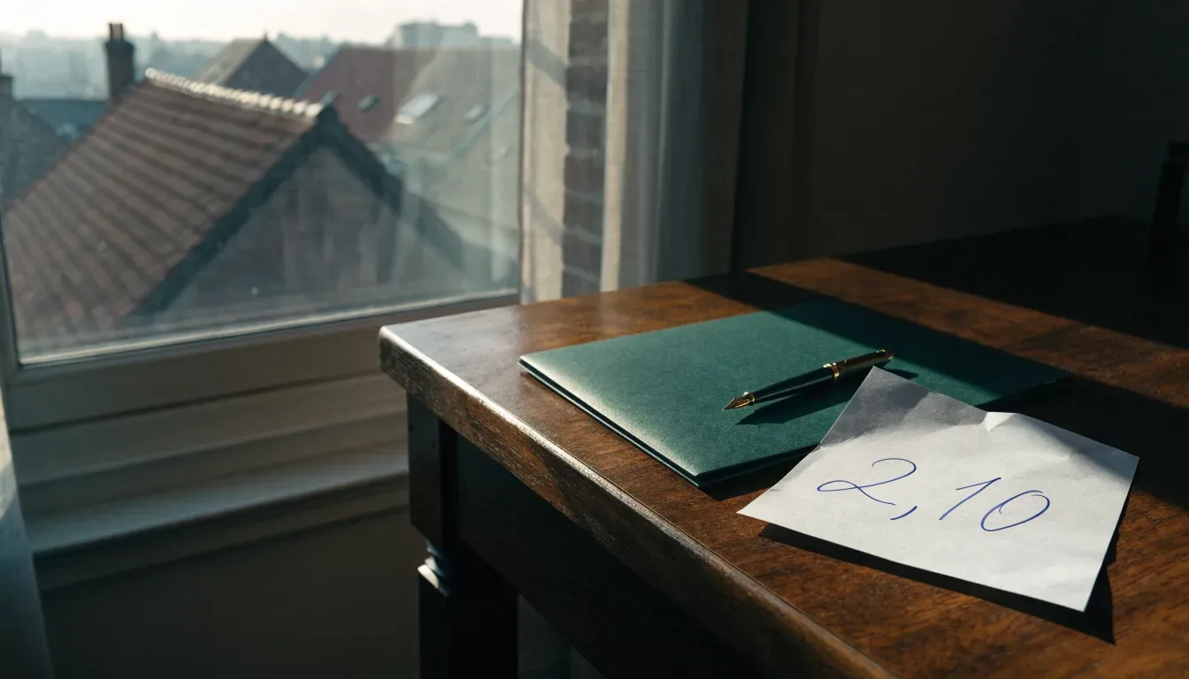 Ein leerer Schreibtisch mit Füllfeder und geschlossenem Ordner im Morgenlicht, daneben ein Fenster mit Blick auf Dächer.