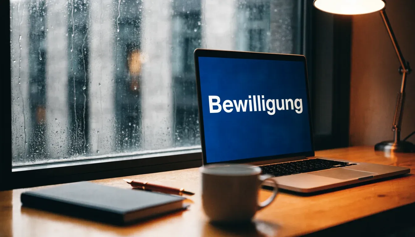 Ein Schreibtisch mit Füllfeder und geschlossenem Notizbuch vor einem regennassen Fenster, die Szene ist ruhig und ohne lesbaren Text.