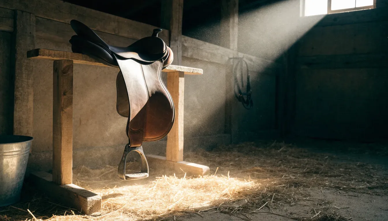 Ein Sattel liegt auf einem Holzgestell in einem Stall, Licht fällt schräg durch Staub und Stroh.