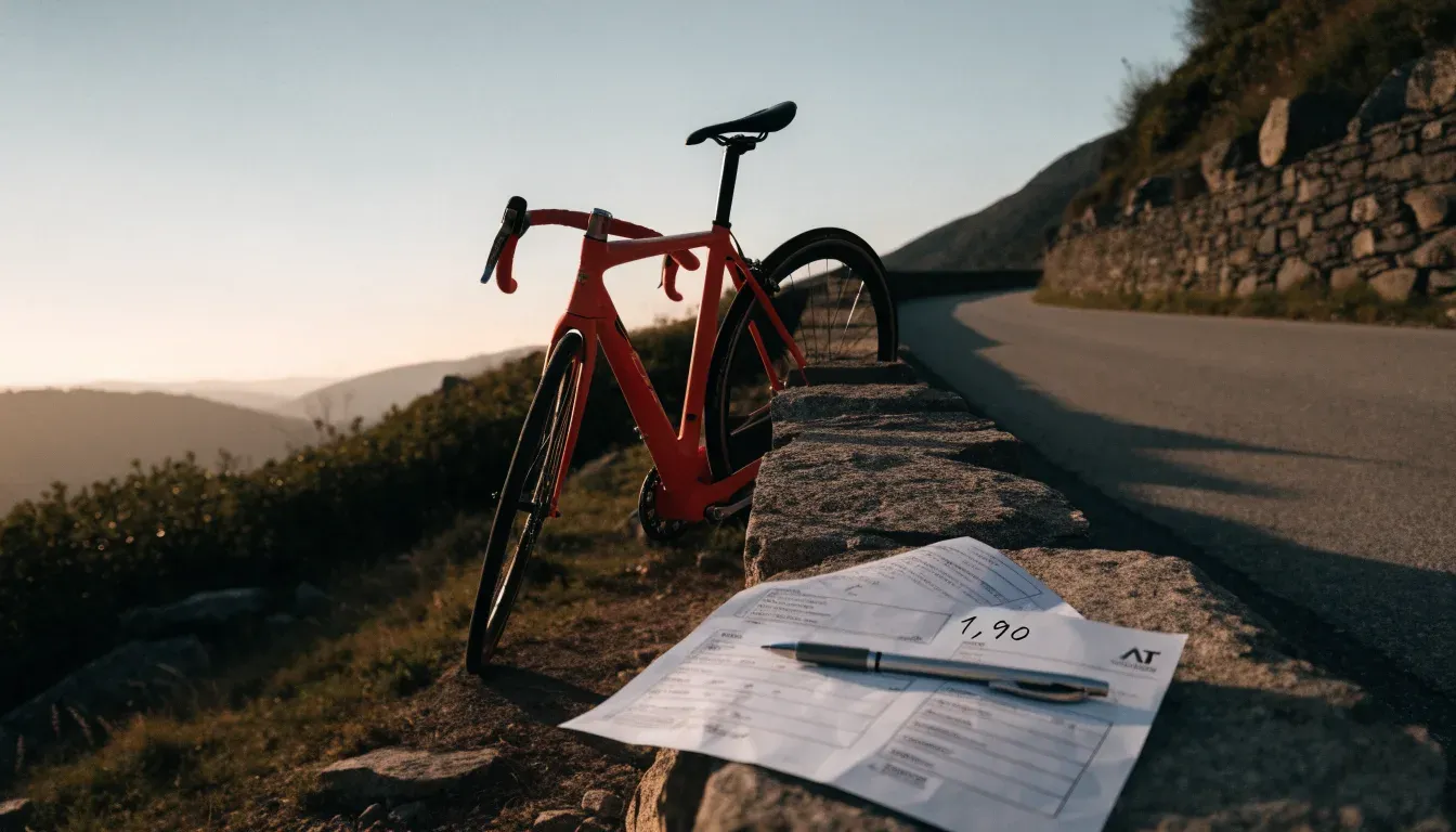 Ein Rennrad lehnt an einer Steinmauer am Straßenrand, die Sonne steht tief und wirft einen langen Schatten.