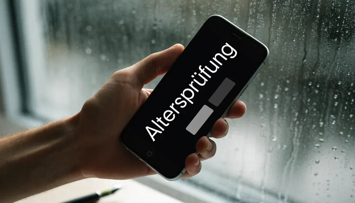 Ein Schreibtisch mit Füllfeder und geschlossenem Notizbuch vor einem regennassen Fenster, die Szene ist ruhig und ohne lesbaren Text.