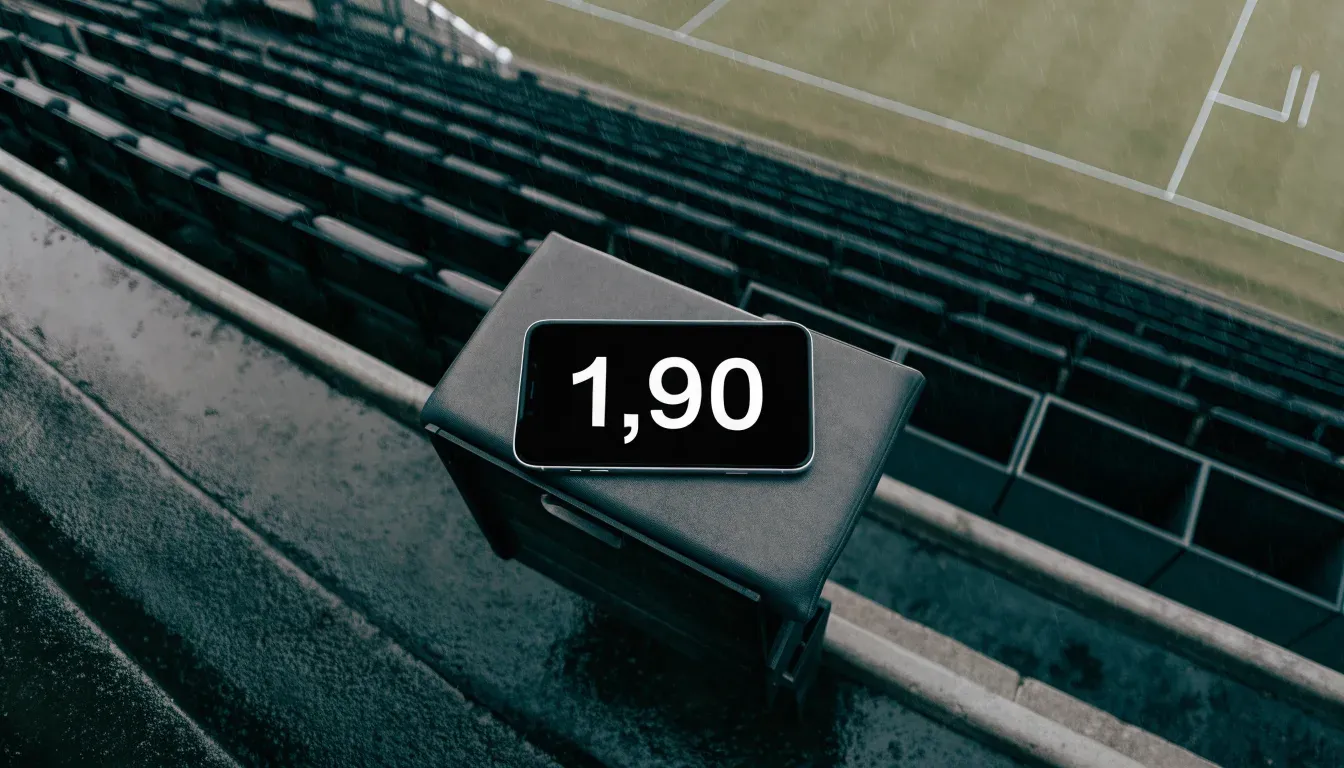 Die leere Tribüne eines Stadions mit Torstangen im Hintergrund, feiner Regen fällt über den Rängen.