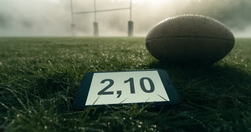Ein ovaler Rugbyball liegt auf nassem Rasen vor den Torstangen, Nebel hängt über dem Platz am Morgen.