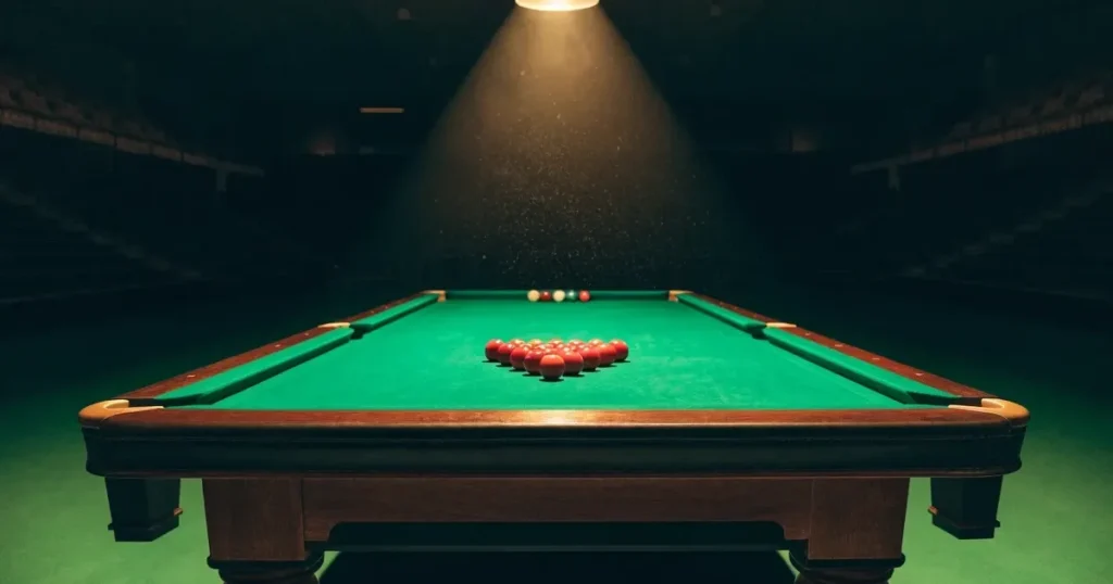 Ein Snookertisch mit grünem Tuch in einem abgedunkelten Saal, ein Lichtkegel fällt von oben auf die aufgestellten Kugeln.
