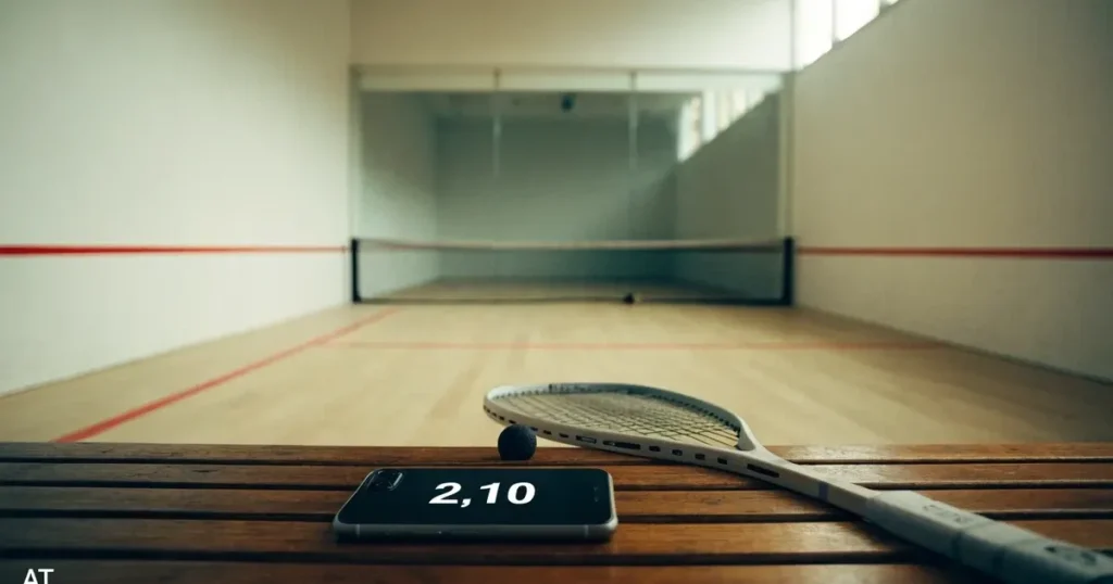 Squashhalle mit weißen Wänden und hellem Holzboden, ein kleiner schwarzer Gummiball liegt neben einem Schläger auf der Linie, weiches Hallenlicht.