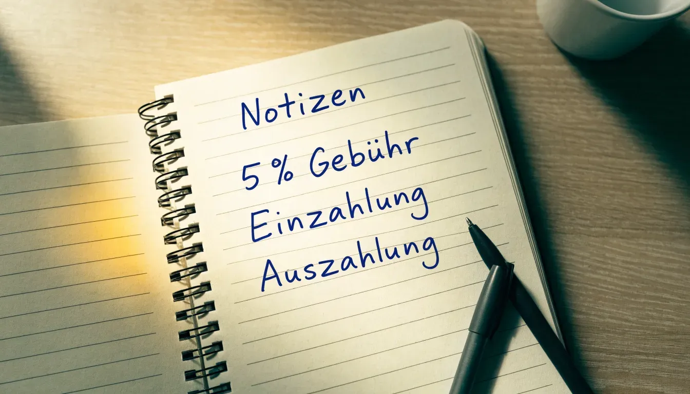 Ein aufgeschlagenes Notizbuch mit handgeschriebenen Stichworten liegt neben einem Kugelschreiber auf einem Holztisch, Tageslicht fällt von der Seite.