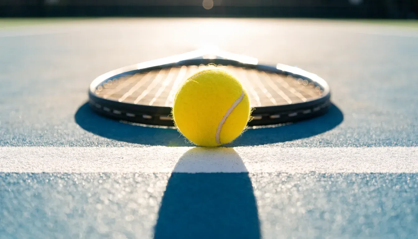 Ein gelber Tennisball liegt auf der weißen Linie eines Hartplatzes, davor ein Schläger mit der Bespannung nach oben, flaches Gegenlicht.