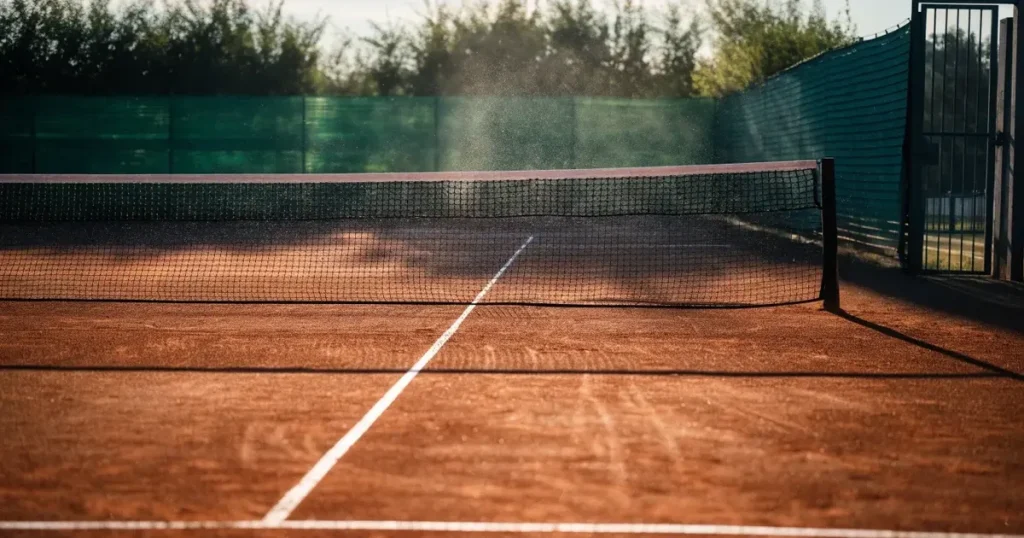 Ein leerer Tennisplatz mit Sandbelag im frühen Morgenlicht, Netz und Grundlinie sind sichtbar, niemand ist auf dem Platz.