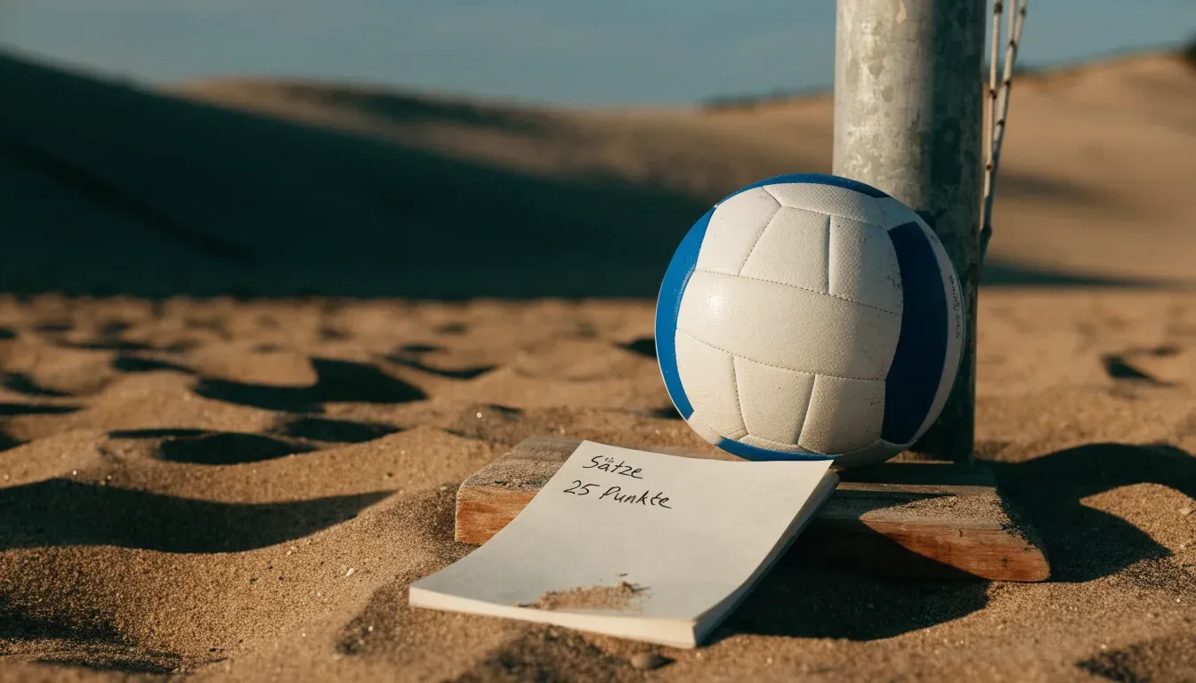 Ein Volleyball liegt auf Sand neben einem Netzpfosten, Strandlicht am späten Nachmittag, im Hintergrund unscharfe Dünen.