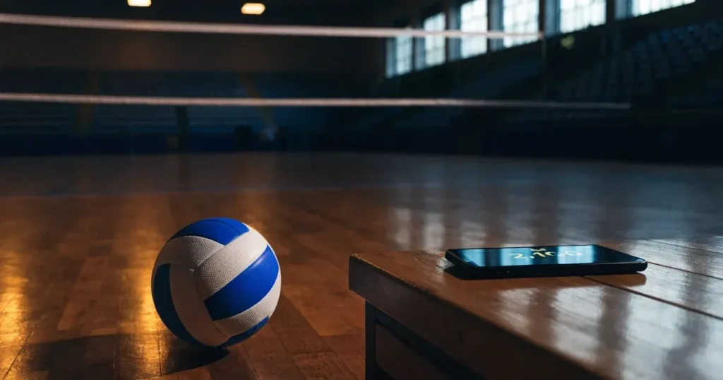 Eine leere Volleyballhalle mit gespanntem Netz und glänzendem Parkettboden, Licht fällt durch hohe Fenster, kein Mensch zu sehen.