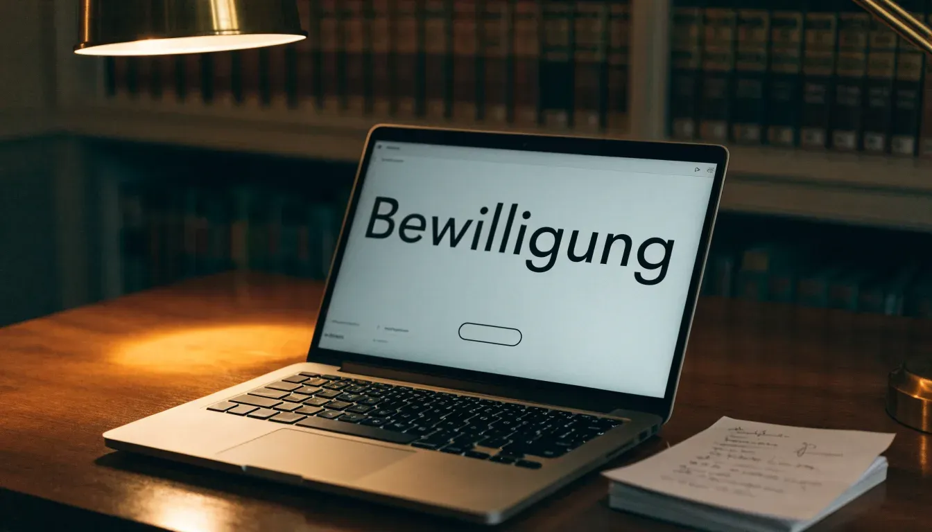 Eine kleine Messingwaage steht auf einem dunklen Holztisch vor einem Bücherregal, warmes Lampenlicht, keine lesbaren Titel.