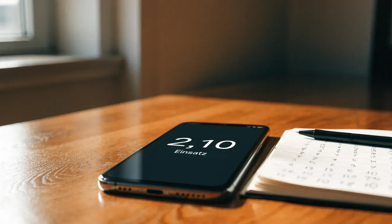 Ein Smartphone mit dunklem Display liegt auf einem Holztisch neben einem Notizblock und einem Stift, Tageslicht von links.