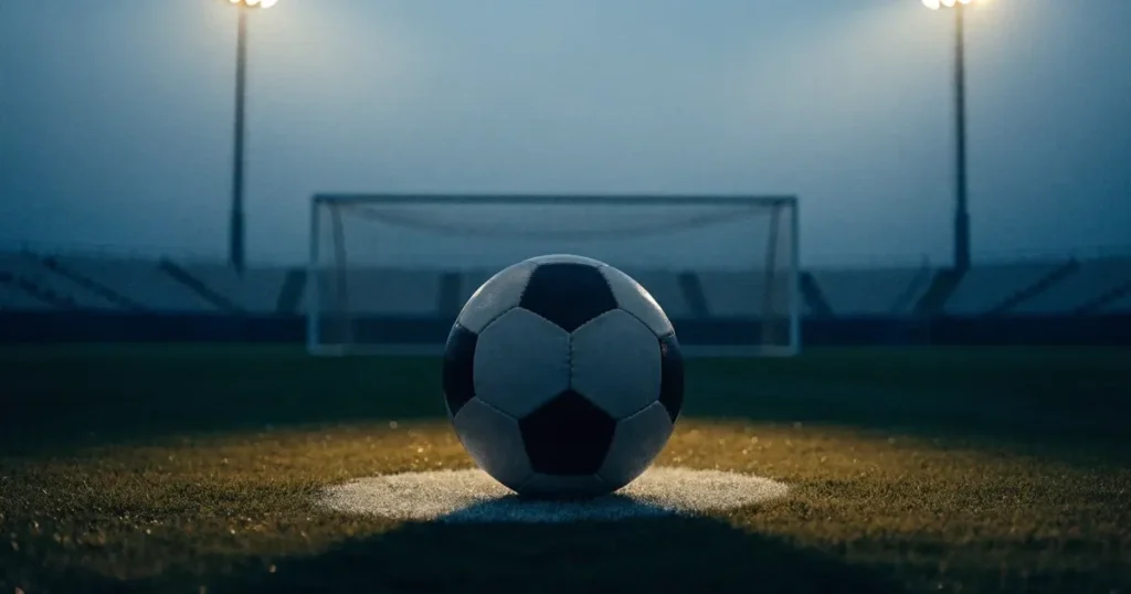 Ein Fußball liegt auf dem Anstoßpunkt eines Rasenplatzes in der Dämmerung, in der Ferne leuchten Flutlichter, die Ränge sind leer.