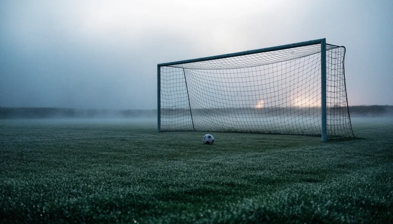 Ein Fußballtor im Nebel eines frühen Morgens, das Netz hängt feucht, auf dem Rasen davor liegt ein einzelner Ball.