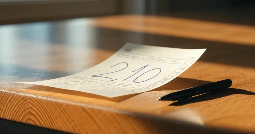 Mehrere leere Wettscheine aus Papier liegen fächerförmig nebeneinander auf einer Holzfläche, daneben ein Kugelschreiber, ohne erkennbare Schrift.